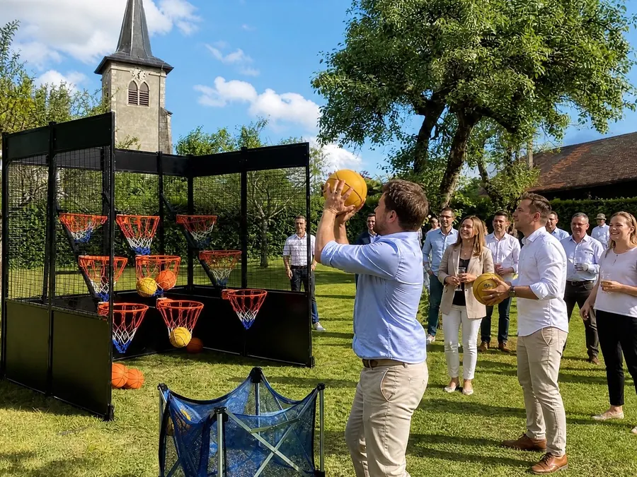 Le Basket Morpion Kapeeh installé en extérieur pour un événement d'entreprise, équipe en train de jouer